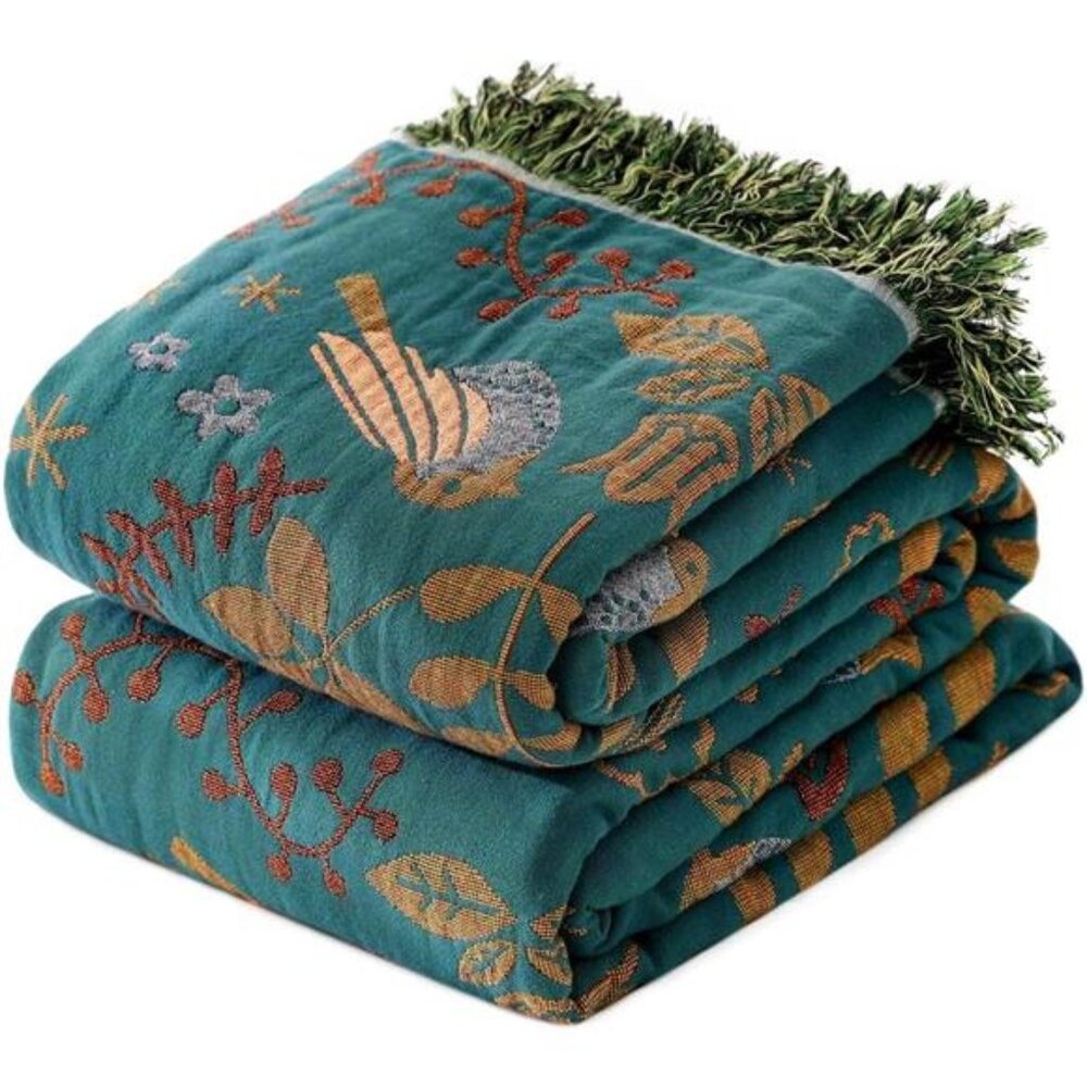 Boho Cotton Throw Blanket Birds Floral Embroidered Reversible Couch Sofa 50x60
